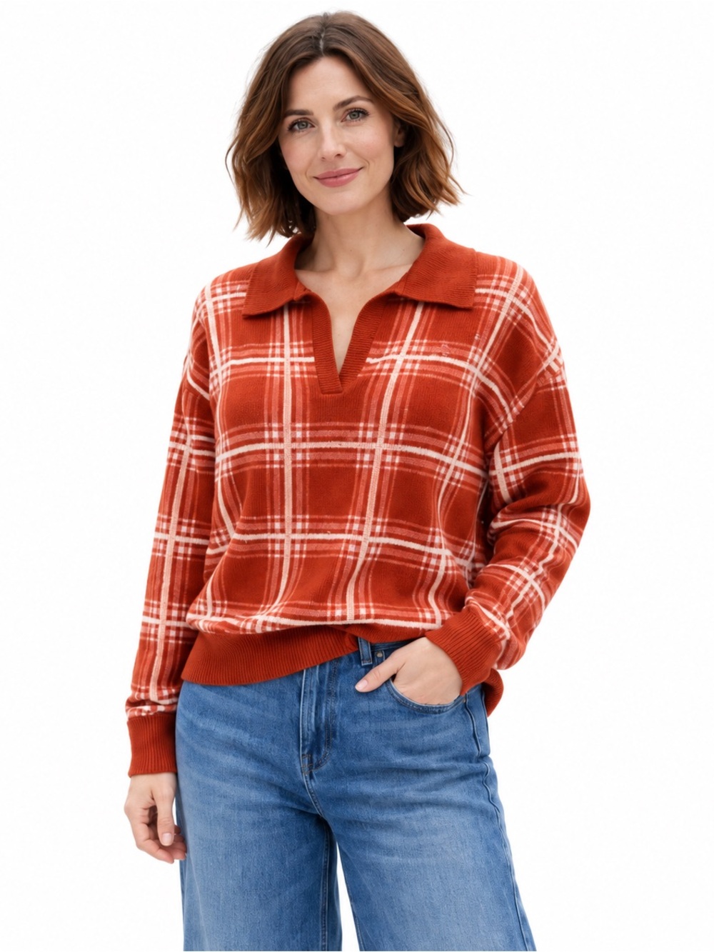 Max Studio Rust Plaid Collared Sweater XL Split Neck Pullover Knit Top NWOT